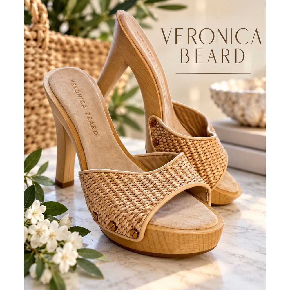 Veronica Beard Dali Raffia Platform Mule Sandals Tan Natural Wood 7.5 Open Toe